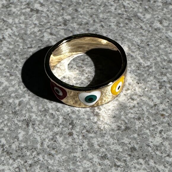 NIB Pretty Bird Colorful Heart Design Evil Eye Yellow Gold Plated Ring Size 8 - Picture 5 of 8